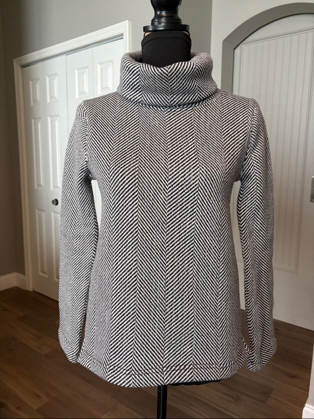 J. Crew Black & White Herringbone Cowl Neck Sweater.